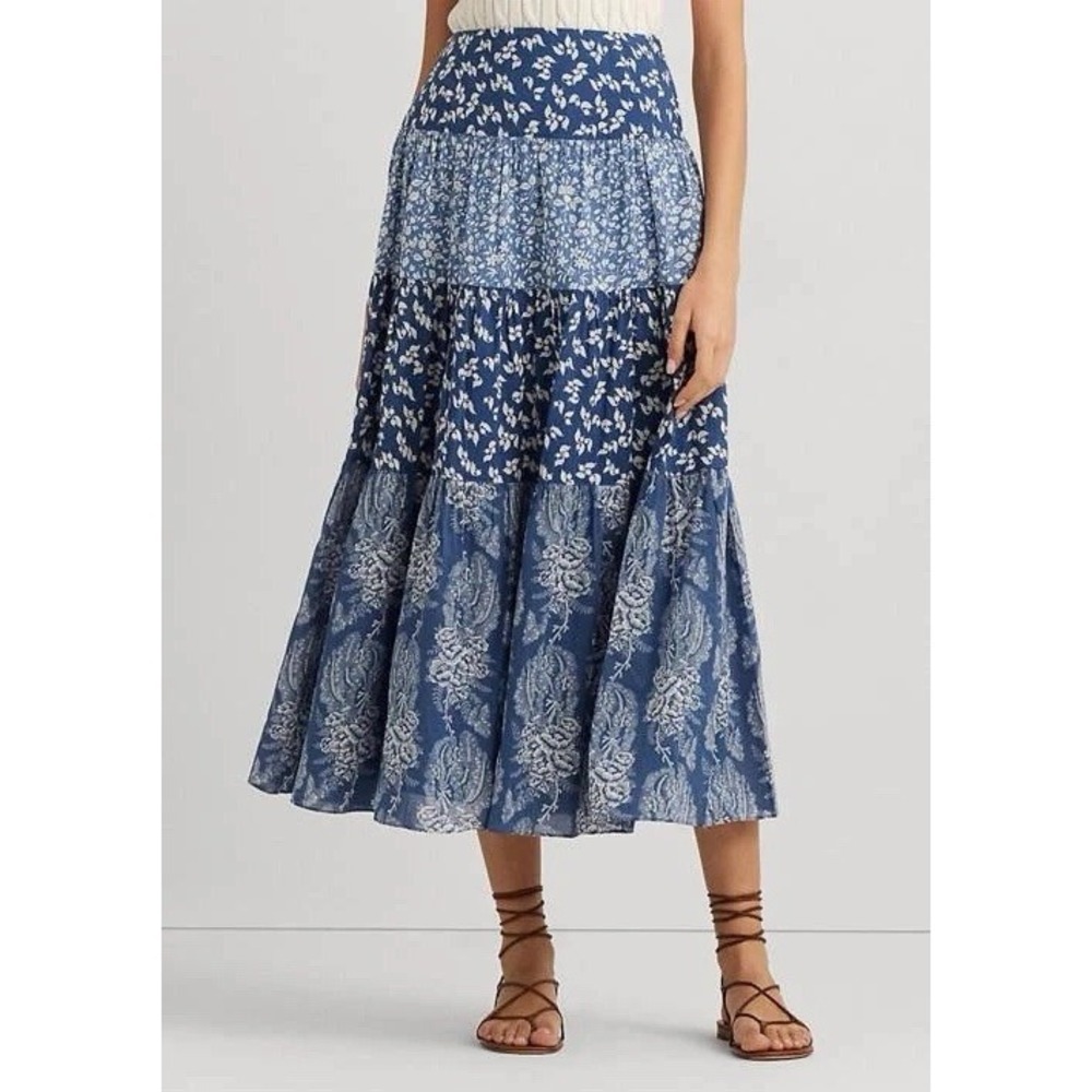 Lauren Ralph Lauren Patchwork Cotton Floral Tiered Skirt, Blue/Multi, Size 10